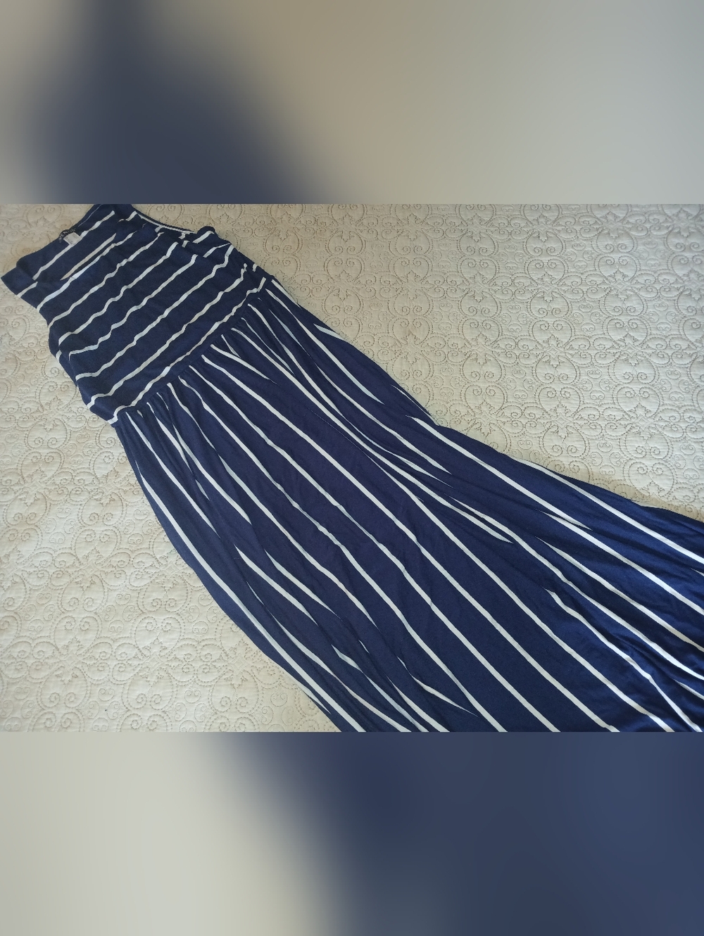 Striped Navy and White Maxi Dress - Sleeveless Summer Dress Size L